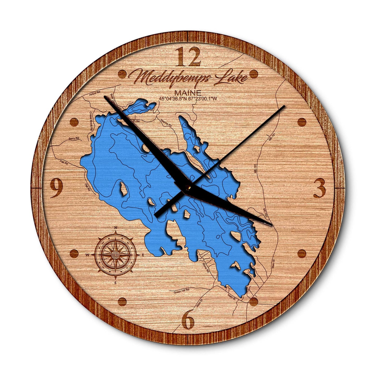 Meddybemps Lake, Maine 14in Layered Map Clock - Any Lake, Pond, or Reservoir - Unique Home Decor