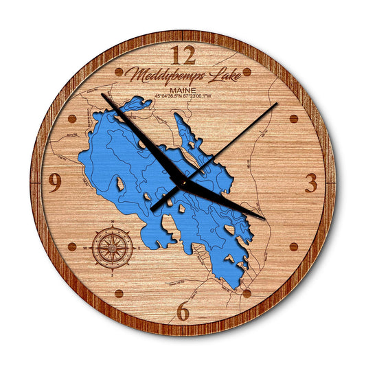 Meddybemps Lake, Maine 14in Layered Map Clock - Any Lake, Pond, or Reservoir - Unique Home Decor