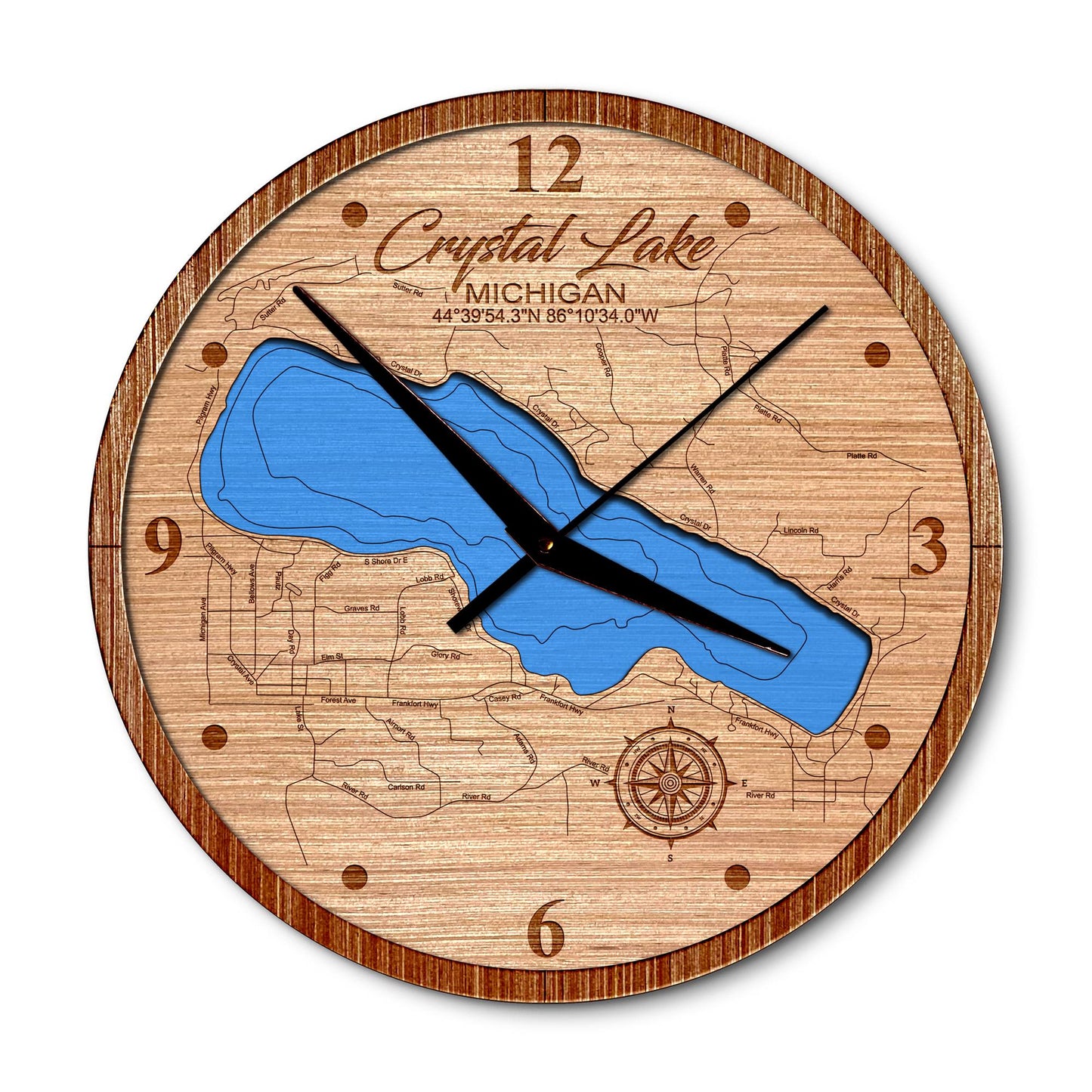 Crystal Lake, Michigan 14in Layered Map Clock - Any Lake, Pond, or Reservoir - Unique Home Decor