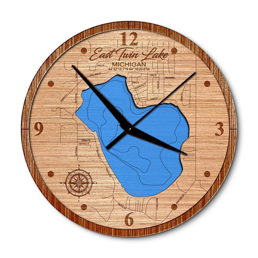 East Twin Lake in Lewiston, Michigan 14in Layered Map Clock - Any Lake, Pond, or Reservoir - Unique Home Decor