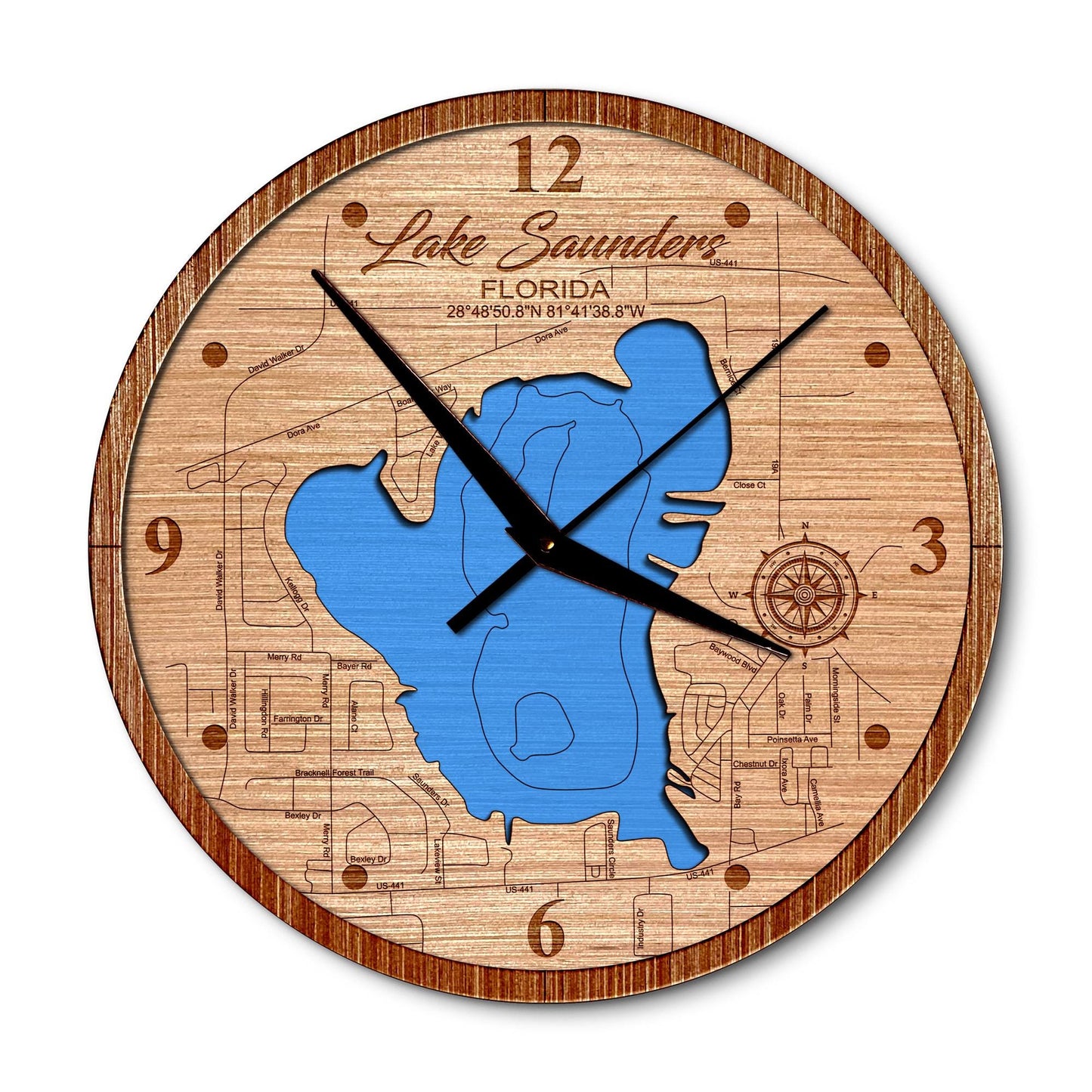 Lake Saunders, Florida 14in Layered Map Clock - Any Lake, Pond, or Reservoir - Unique Home Decor