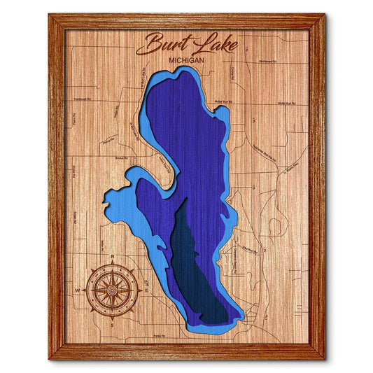 Burt Lake, Michigan Depth Map - Any Lake, Pond, or Reservoir - Unique Home Decor, Wall Art