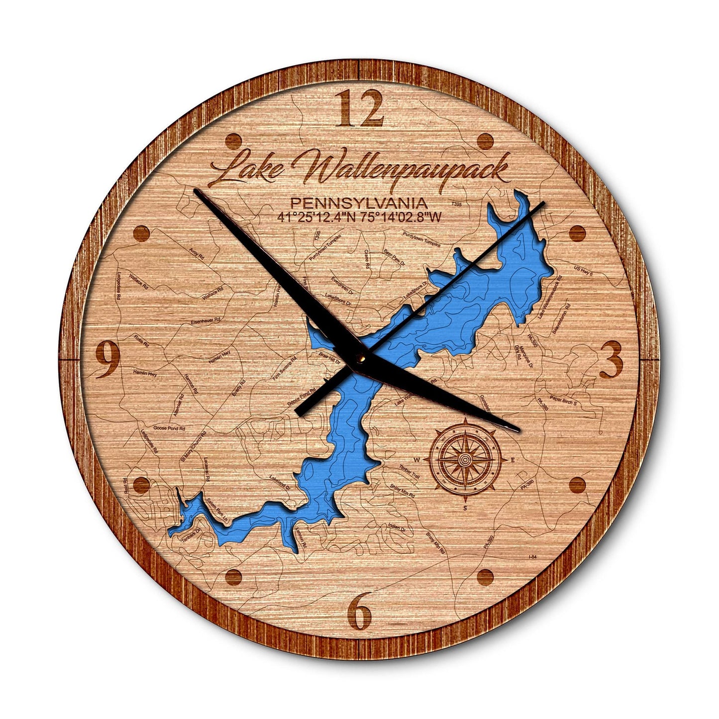 Lake Wallenpaupack, Pennsylvania 14in Layered Map Clock - Any Lake, Pond, or Reservoir - Unique Home Decor