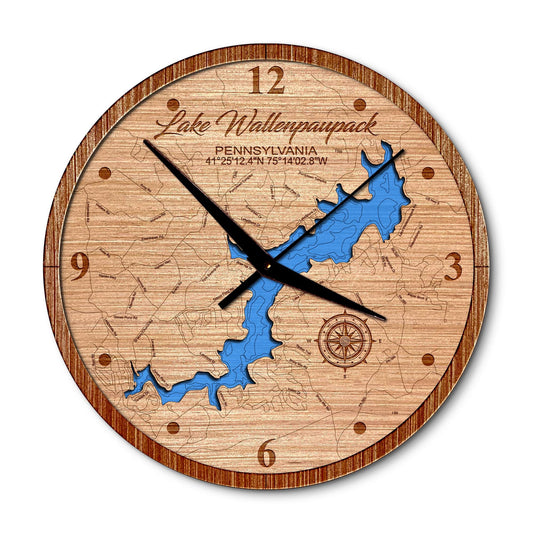 Lake Wallenpaupack, Pennsylvania 14in Layered Map Clock - Any Lake, Pond, or Reservoir - Unique Home Decor