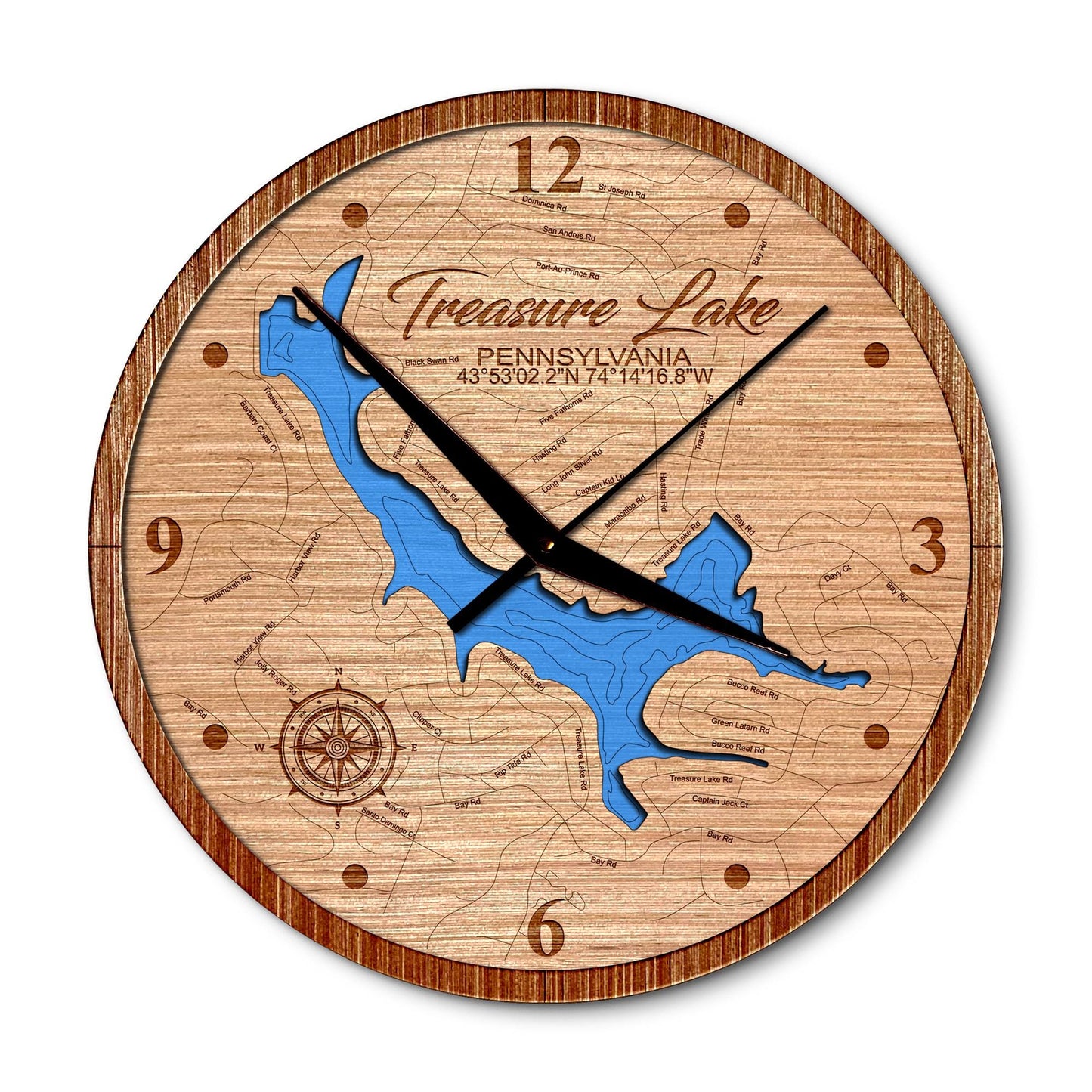 Treasure Lake, Pennsylvania 14in Layered Map Clock - Any Lake, Pond, or Reservoir - Unique Home Decor
