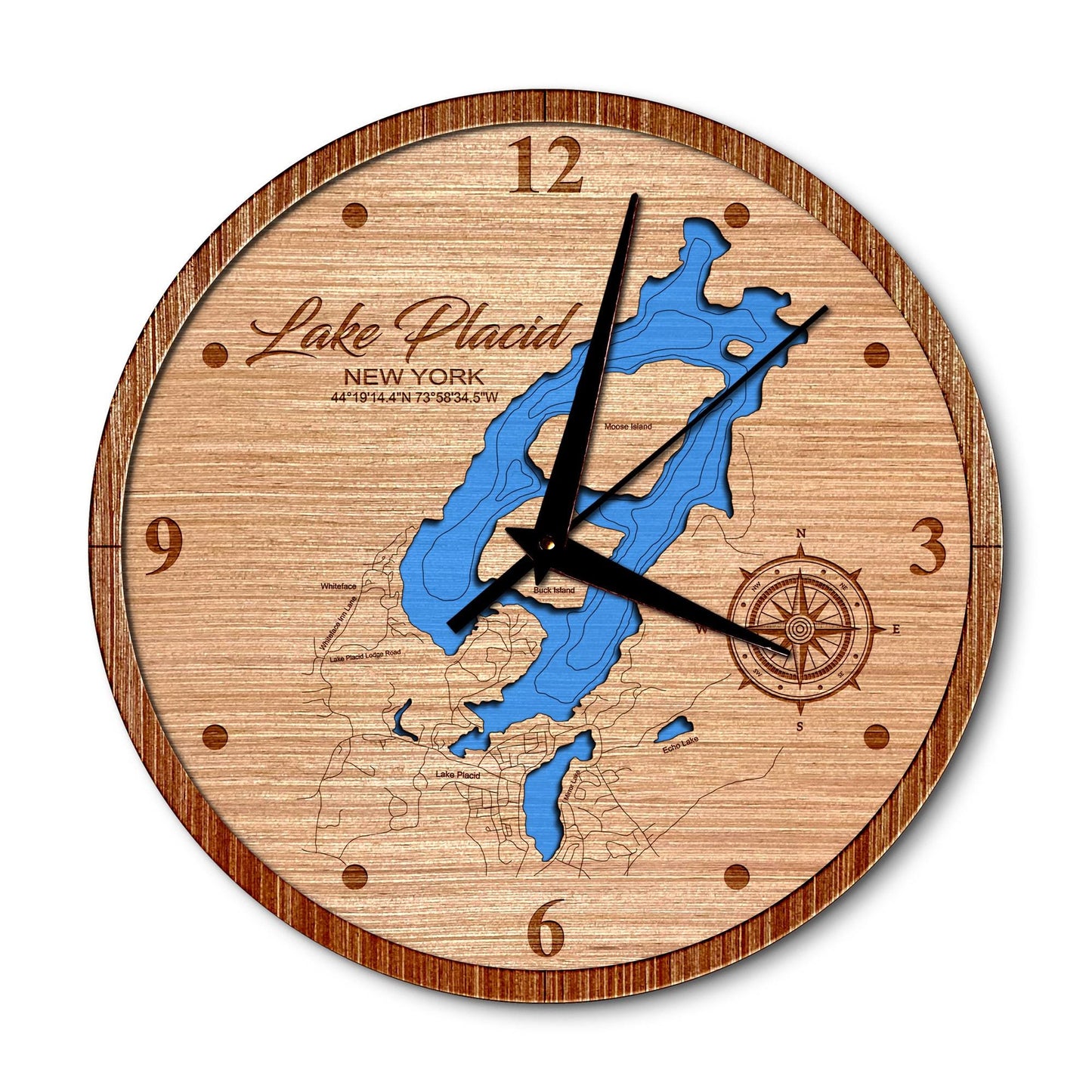 Lake Placid and Mirror, New York Layered Map Clock - Any Lake, Pond, or Reservoir - Unique Home Decor