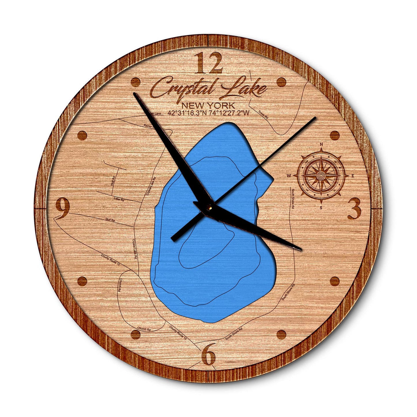 Crystal Lake in Rensselaerville, New York 14in Layered Map Clock - Any Lake, Pond, or Reservoir - Unique Home Decor