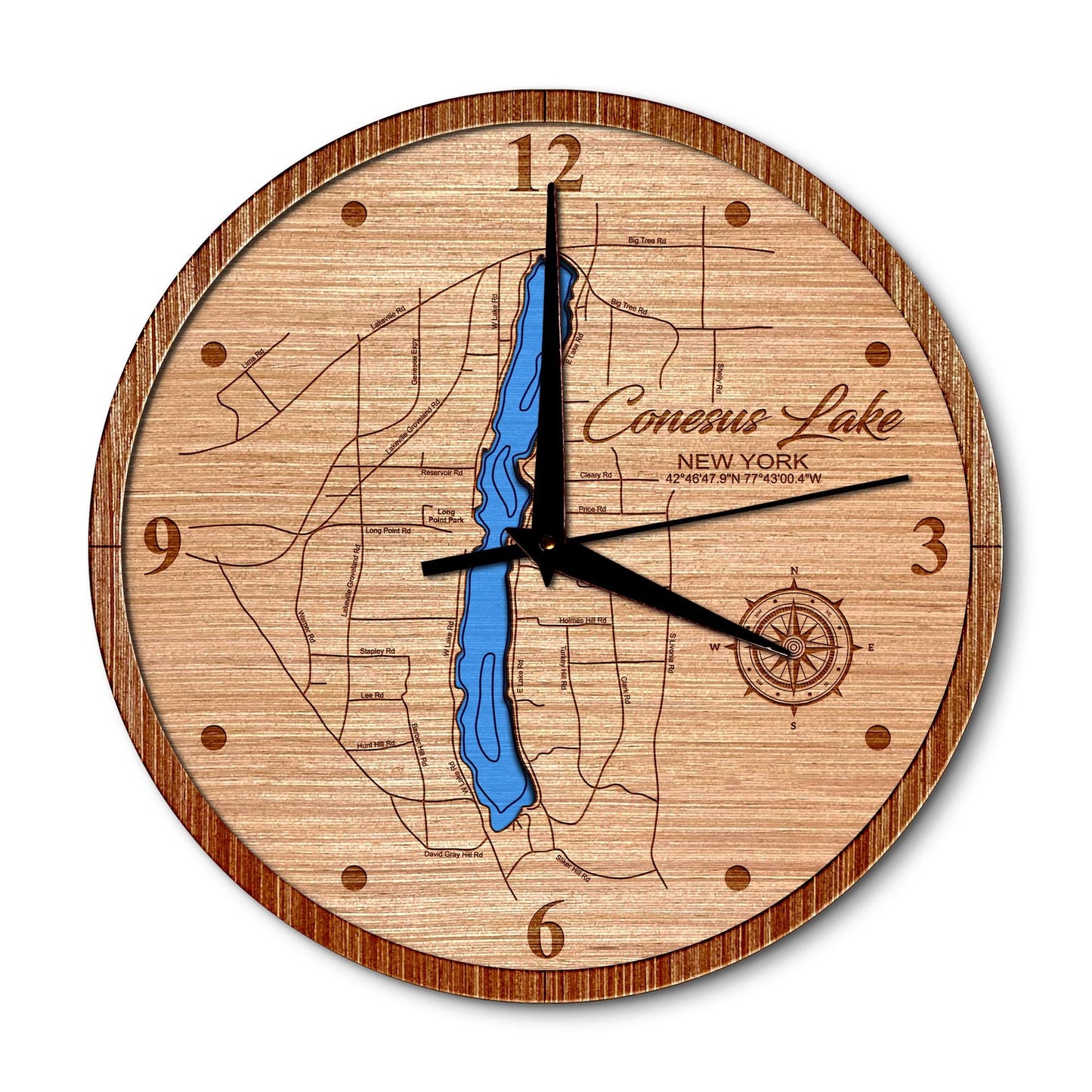 Conesus Lake, New York 14in Layered Map Clock - Any Lake, Pond, or Reservoir - Unique Home Decor
