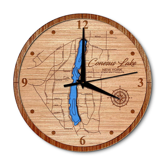 Conesus Lake, New York 14in Layered Map Clock - Any Lake, Pond, or Reservoir - Unique Home Decor