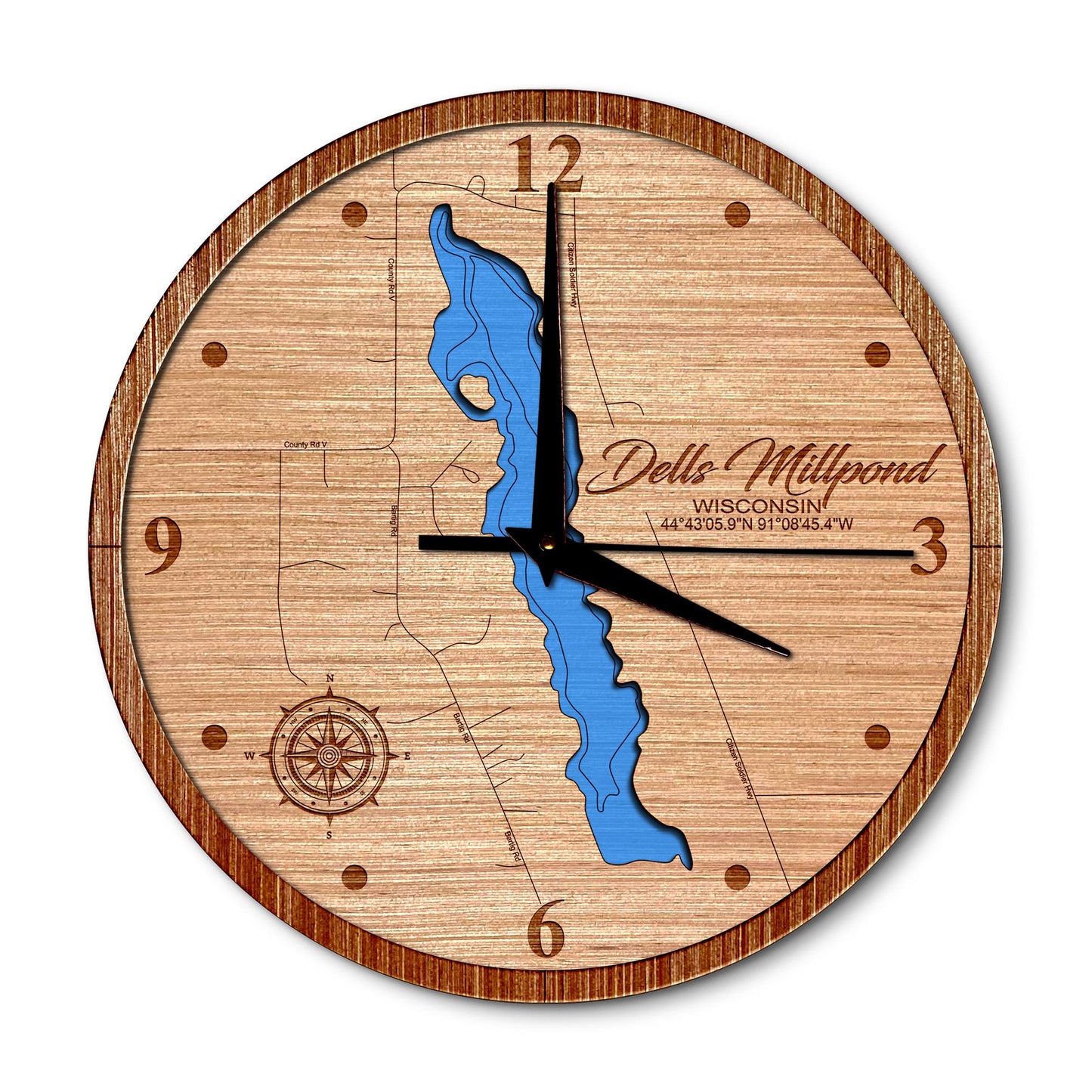 Dells Millpond Wisconsin 14in Layered Map Clock - Any Lake, Pond, or Reservoir - Unique Home Decor