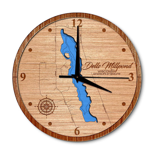 Dells Millpond Wisconsin 14in Layered Map Clock - Any Lake, Pond, or Reservoir - Unique Home Decor
