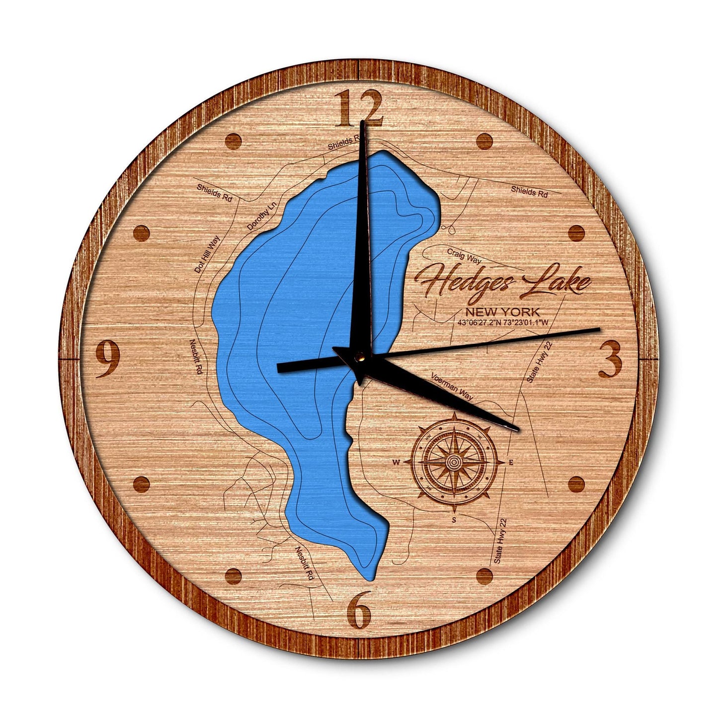 Hedges Lake in Cambridge, New York 14in Layered Map Clock - Any Lake, Pond, or Reservoir - Unique Home Decor