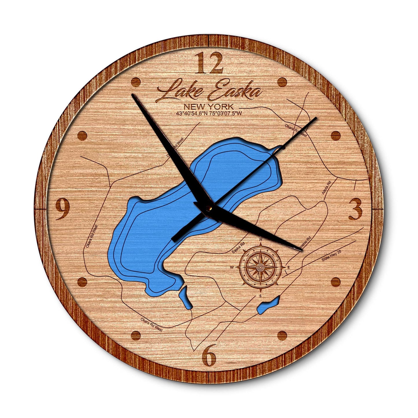 Lake Easka, New York 14in Layered Map Clock - Any Lake, Pond, or Reservoir - Unique Home Decor