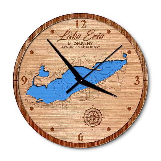 Lake Erie 14in Layered Map Clock - Any Lake, Pond, or Reservoir - Unique Home Decor