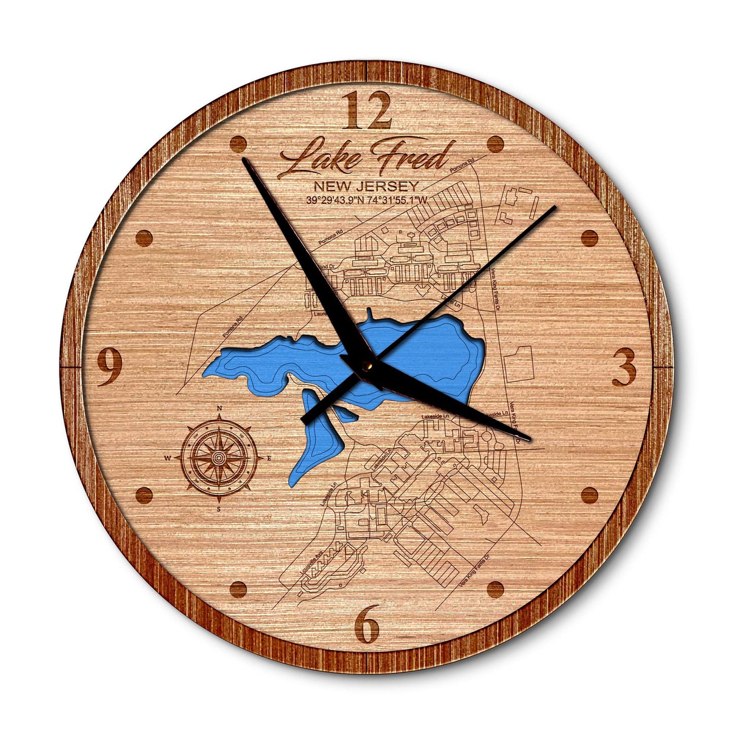 Lake Fred, New Jersey 14in Layered Map Clock - Any Lake, Pond, or Reservoir - Unique Home Decor