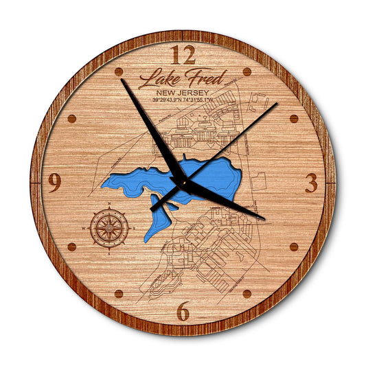 Lake Fred, New Jersey 14in Layered Map Clock - Any Lake, Pond, or Reservoir - Unique Home Decor