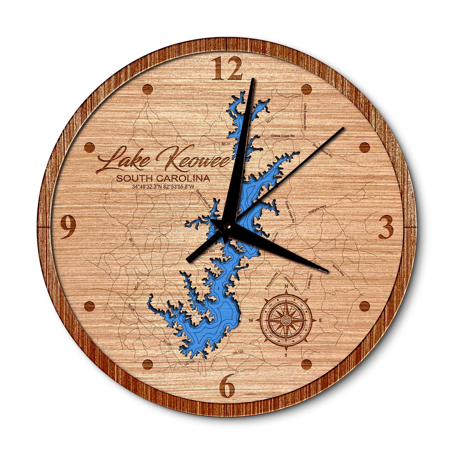 Lake Keowee, South Carolina 14in Layered Map Clock - Any Lake, Pond, or Reservoir - Unique Home Decor