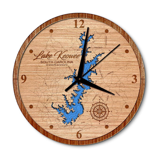 Lake Keowee, South Carolina 14in Layered Map Clock - Any Lake, Pond, or Reservoir - Unique Home Decor