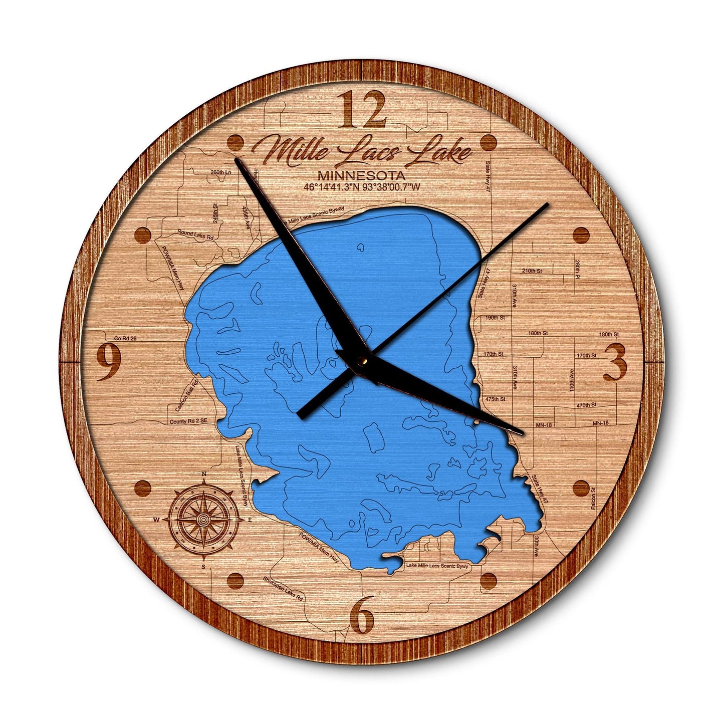 Mille Lacs Lake, Minnesota Layered Map Clock - Any Lake, Pond, or Reservoir - Unique Home Decor