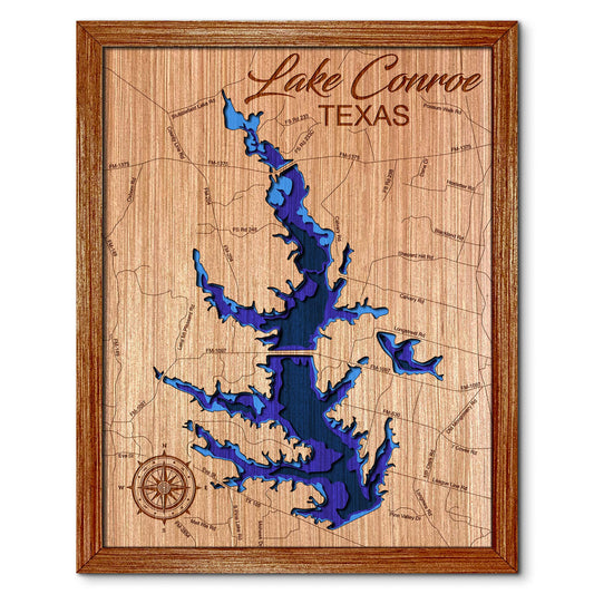 Lake Conroe, Texas Depth Map - Any Lake, Pond, or Reservoir - Unique Home Decor, Wall Art