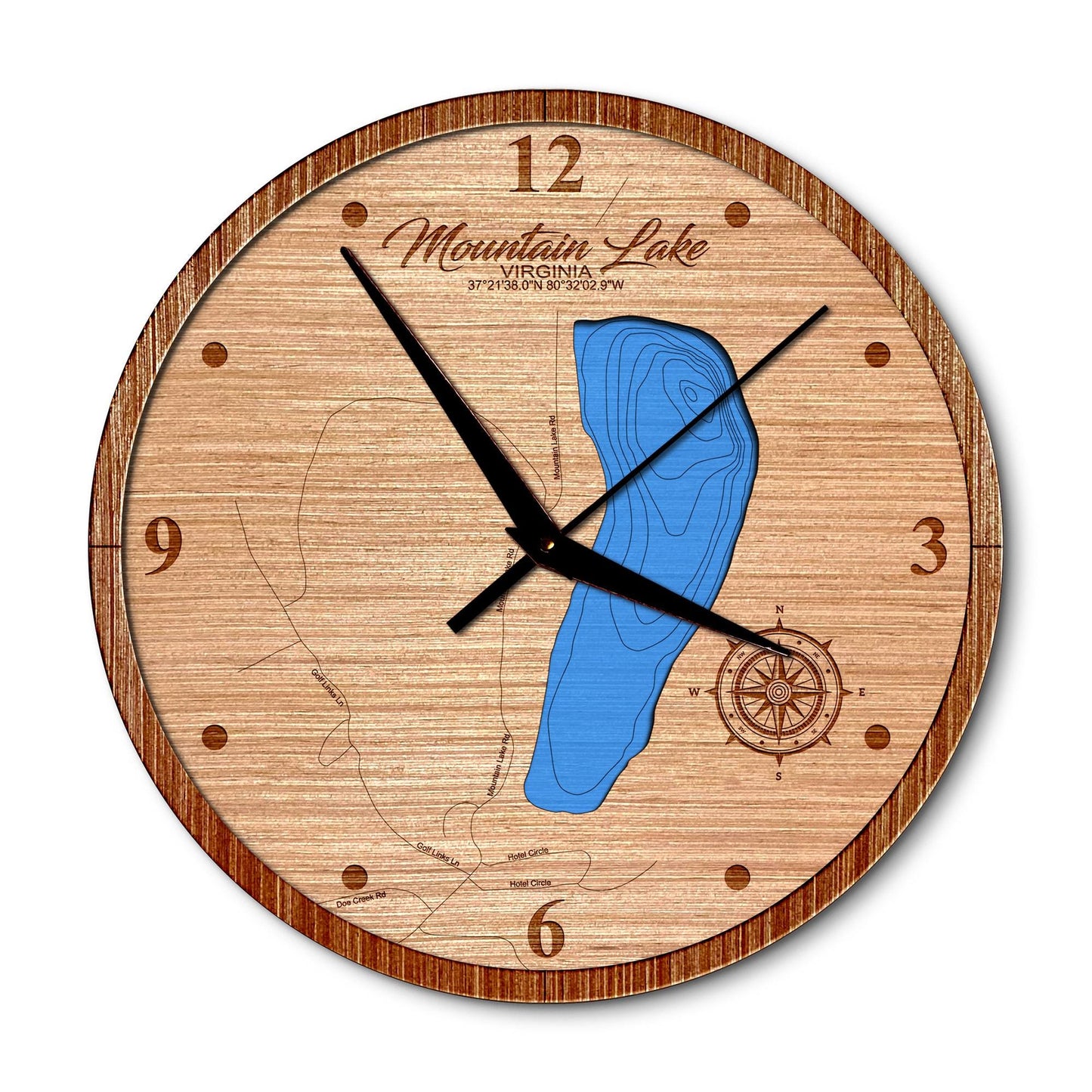 Mountain Lake, Virginia 14in Layered Map Clock - Any Lake, Pond, or Reservoir - Unique Home Decor