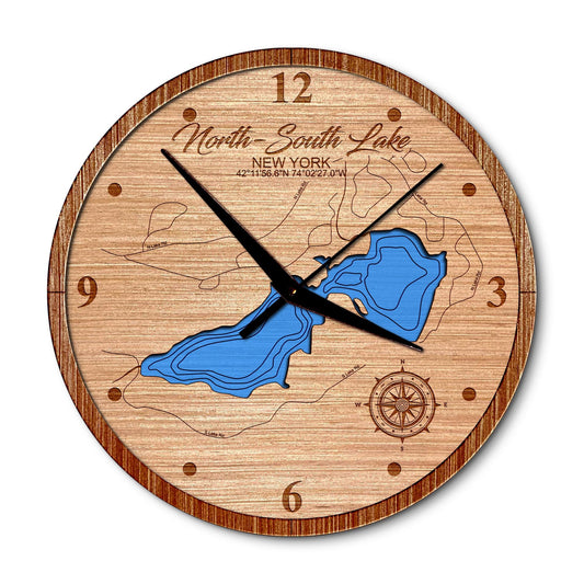 North & South Lake, New York Map Clock - Any Lake, Pond, or Reservoir - Unique Home Decor