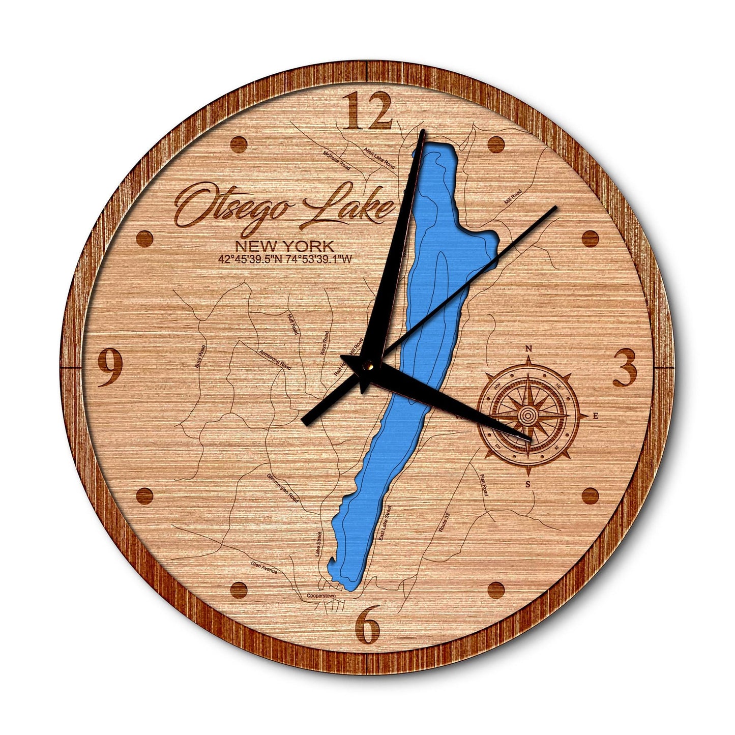 Otsego Lake, New York 14in Layered Map Clock - Any Lake, Pond, or Reservoir - Unique Home Decor