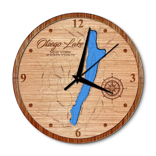 Otsego Lake, New York 14in Layered Map Clock - Any Lake, Pond, or Reservoir - Unique Home Decor