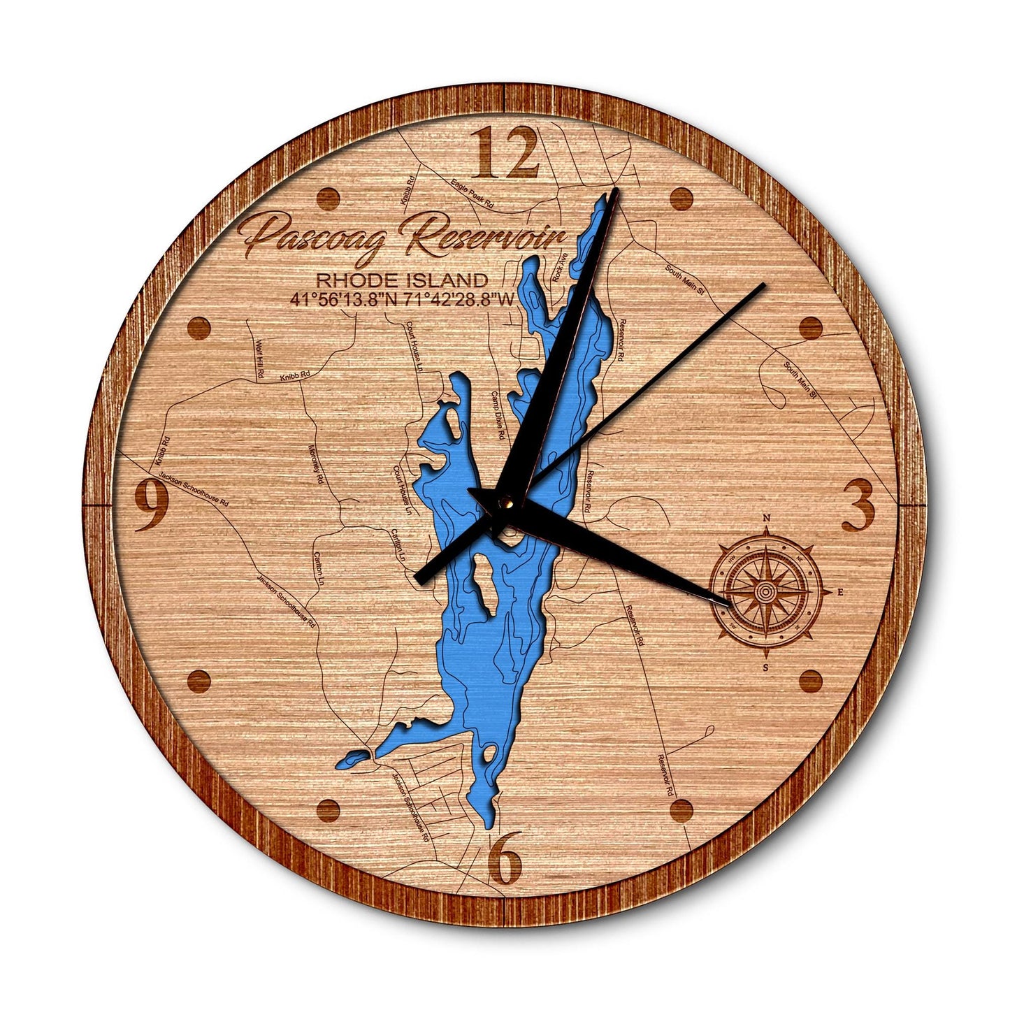 Pascoag Reservoir, Rhode Island 14in Layered Map Clock - Any Lake, Pond, or Reservoir - Unique Home Decor
