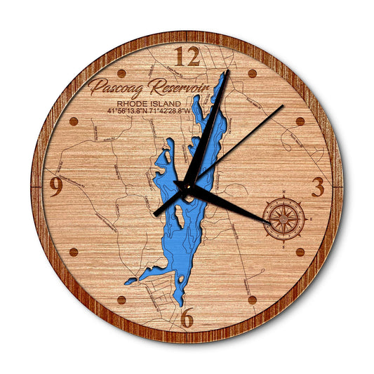 Pascoag Reservoir, Rhode Island 14in Layered Map Clock - Any Lake, Pond, or Reservoir - Unique Home Decor