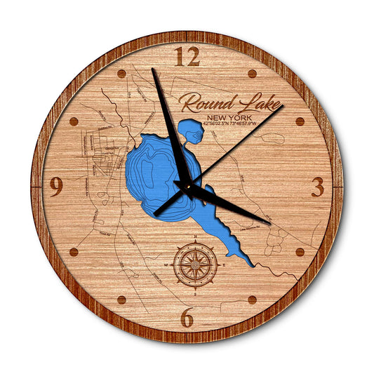 Round Lake, New York Layered Map Clock - Any Lake, Pond, or Reservoir - Unique Home Decor