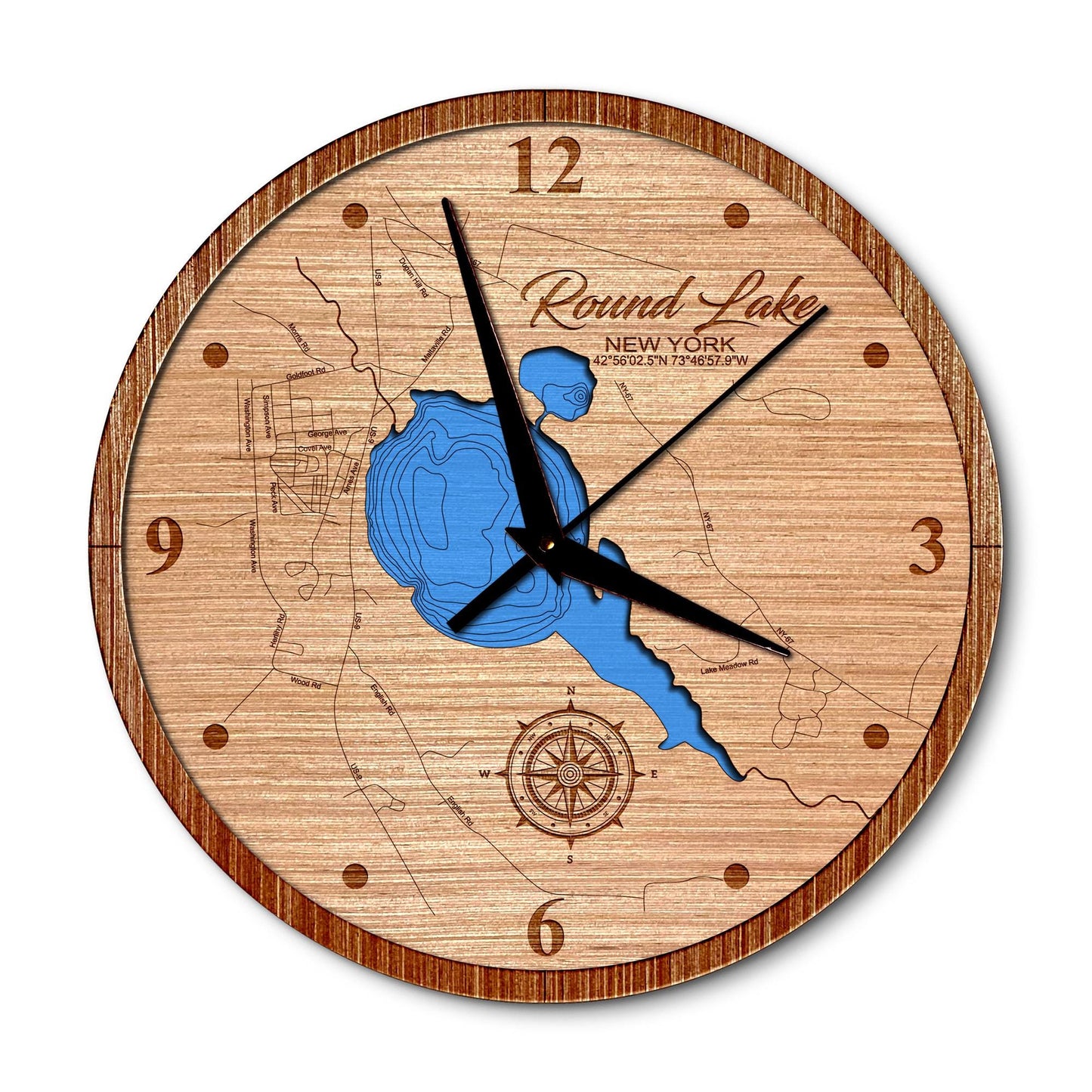 Round Lake, New York 14in Layered Map Clock - Any Lake, Pond, or Reservoir - Unique Home Decor