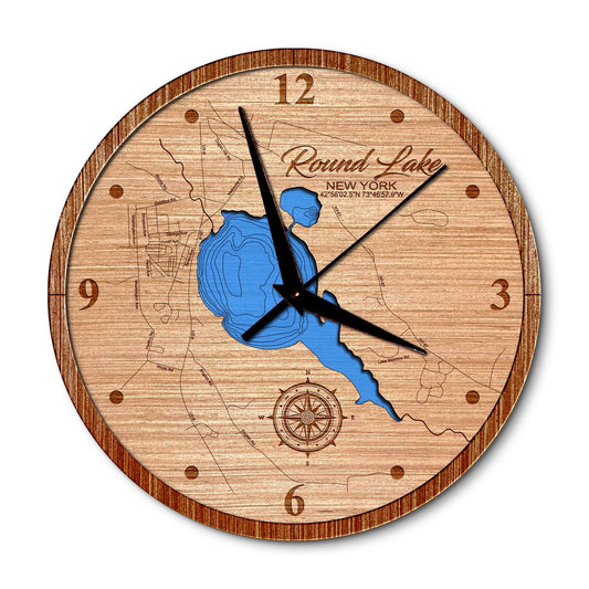 Round Lake, New York 14in Layered Map Clock - Any Lake, Pond, or Reservoir - Unique Home Decor