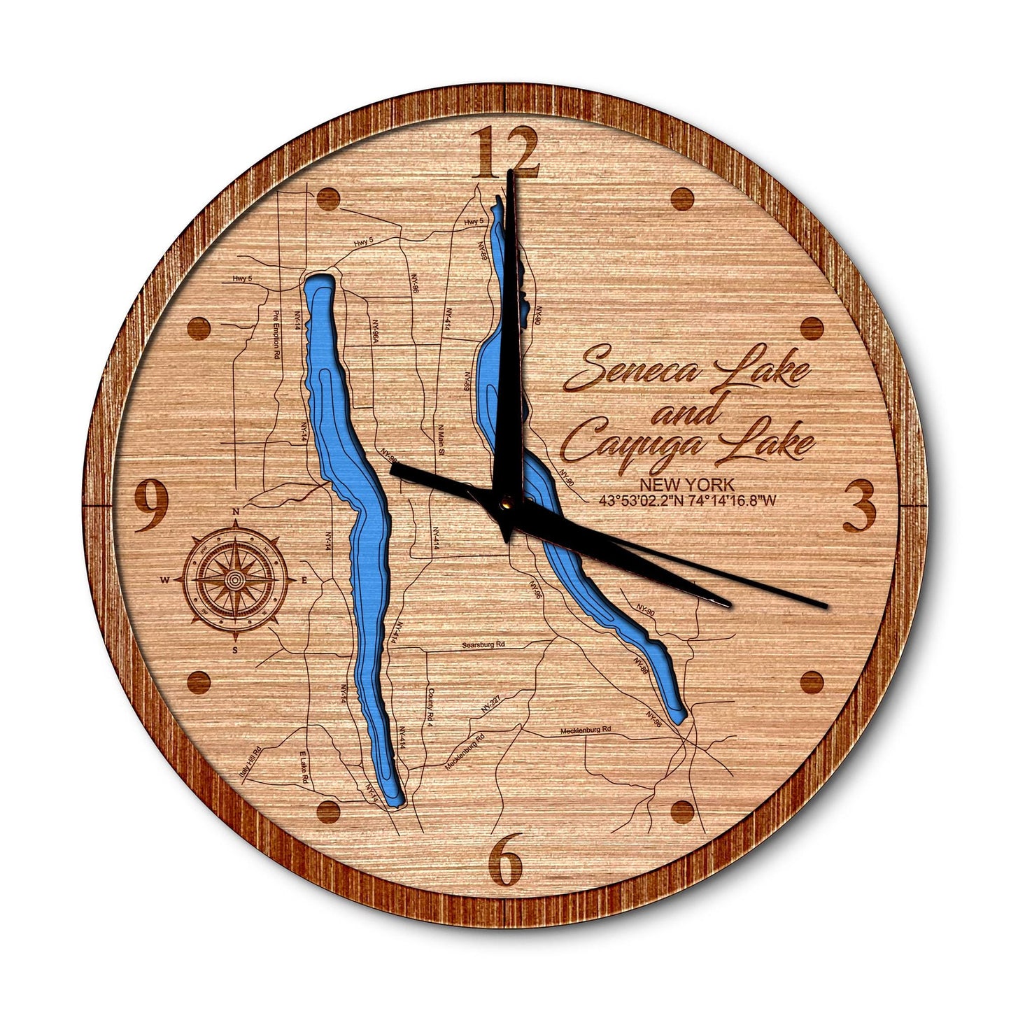 Seneca & Cayuga Lakes, New York 14in Layered Map Clock - Any Lake, Pond, or Reservoir - Unique Home Decor