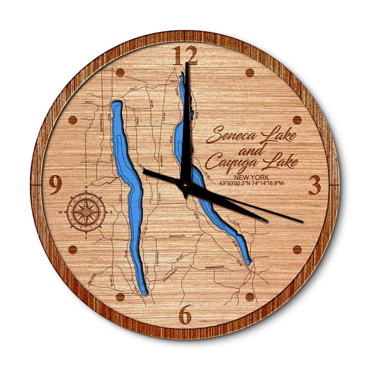 Seneca & Cayuga Lakes, New York 14in Layered Map Clock - Any Lake, Pond, or Reservoir - Unique Home Decor