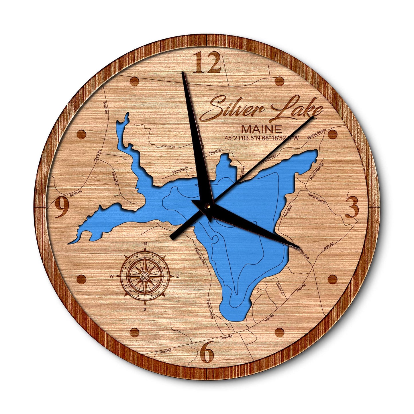 Silver Lake, Maine 14in Layered Map Clock - Any Lake, Pond, or Reservoir - Unique Home Decor