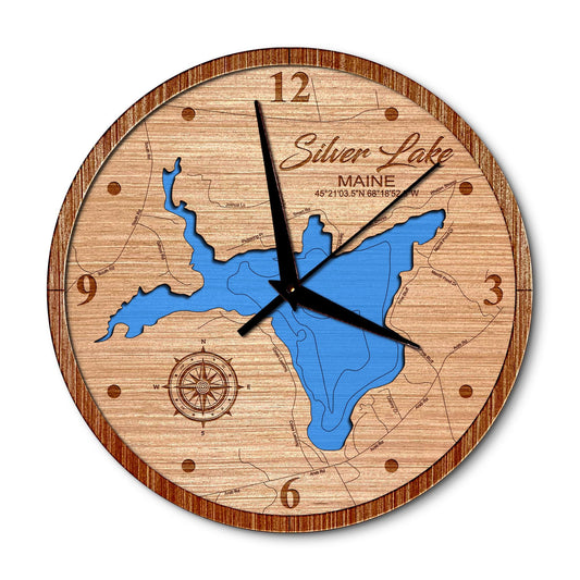 Silver Lake, Maine 14in Layered Map Clock - Any Lake, Pond, or Reservoir - Unique Home Decor