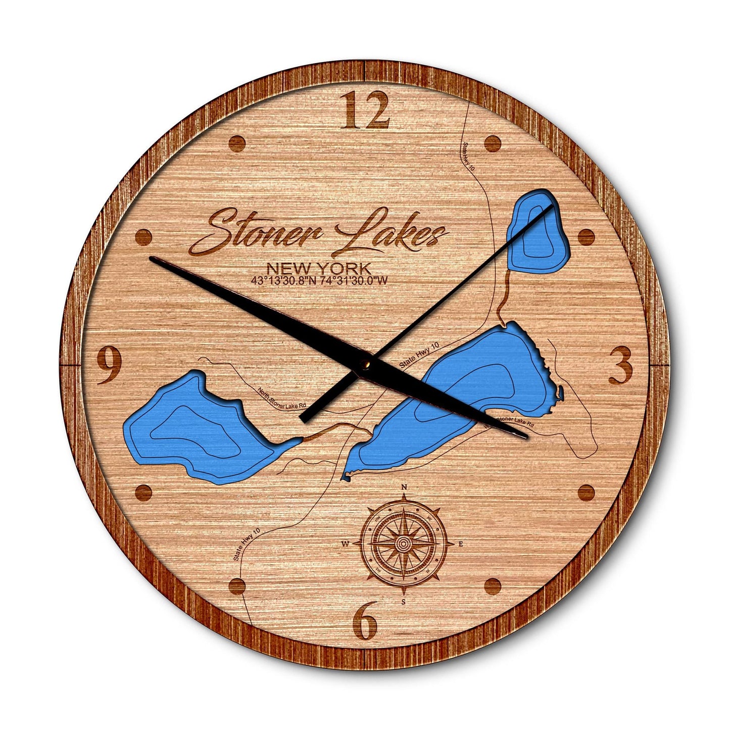 Stoner Lakes, New York 14in Layered Map Clock - Any Lake, Pond, or Reservoir - Unique Home Decor