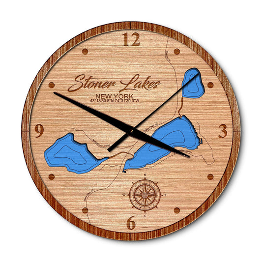 Stoner Lakes, New York 14in Layered Map Clock - Any Lake, Pond, or Reservoir - Unique Home Decor