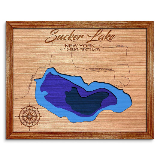 Sucker Lake, New York Depth Map - Any Lake, Pond, or Reservoir - Unique Home Decor, Wall Art