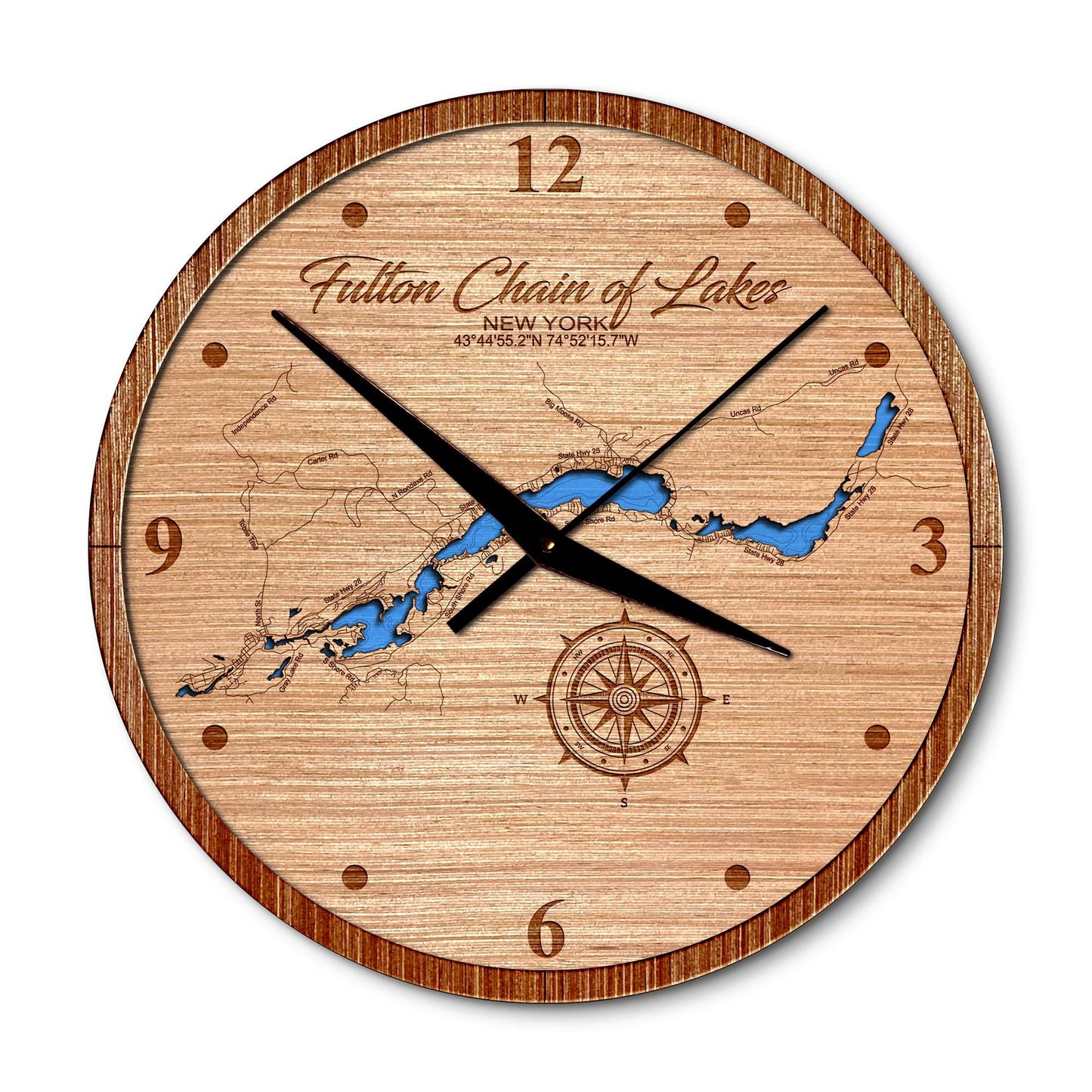 Fulton Chain of Lakes, New York 14in Layered Map Clock - Any Lake, Pond, or Reservoir - Unique Home Decor