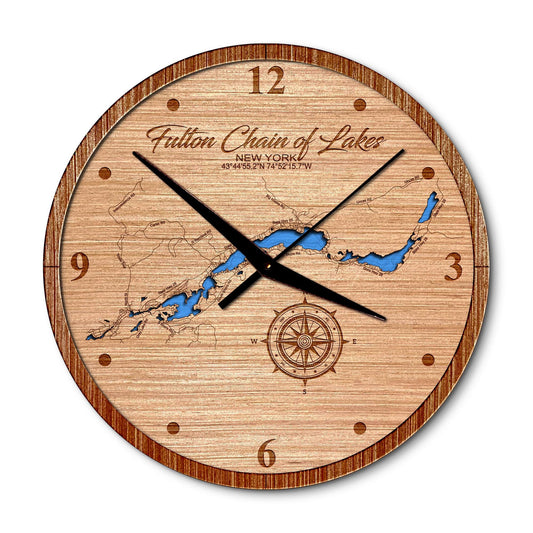 Fulton Chain of Lakes, New York 14in Layered Map Clock - Any Lake, Pond, or Reservoir - Unique Home Decor