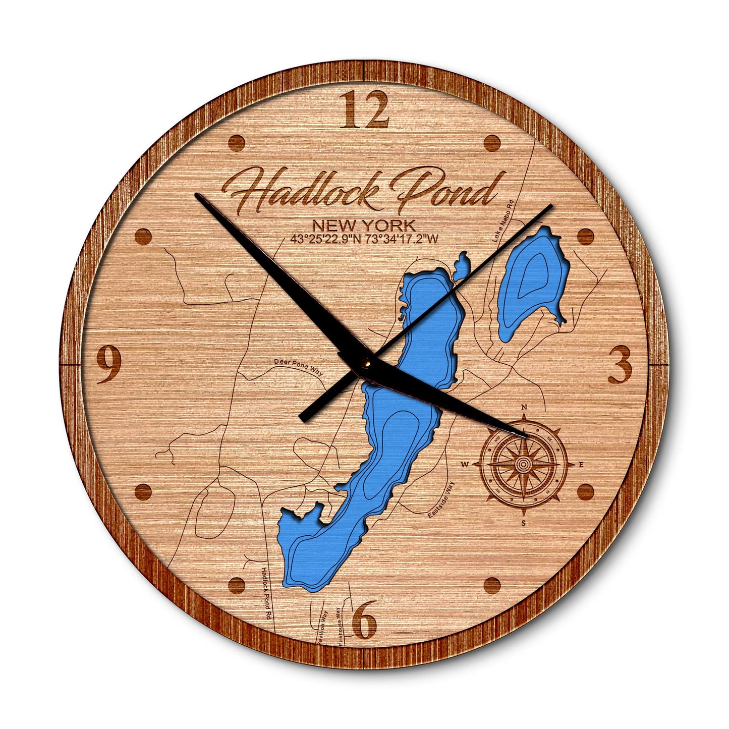 Hadlock Pond, New York 14in Layered Map Clock - Any Lake, Pond, or Reservoir - Unique Home Decor