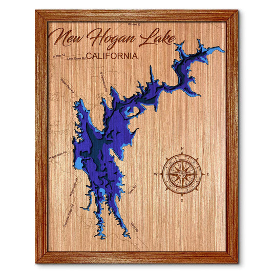New Hogan Lake, California Depth Map - Any Lake, Pond, or Reservoir - Unique Home Decor, Wall Art