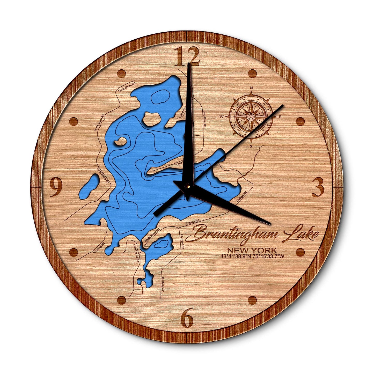 Brantingham Lake, New York 14in Layered Map Clock - Any Lake, Pond, or Reservoir - Unique Home Decor