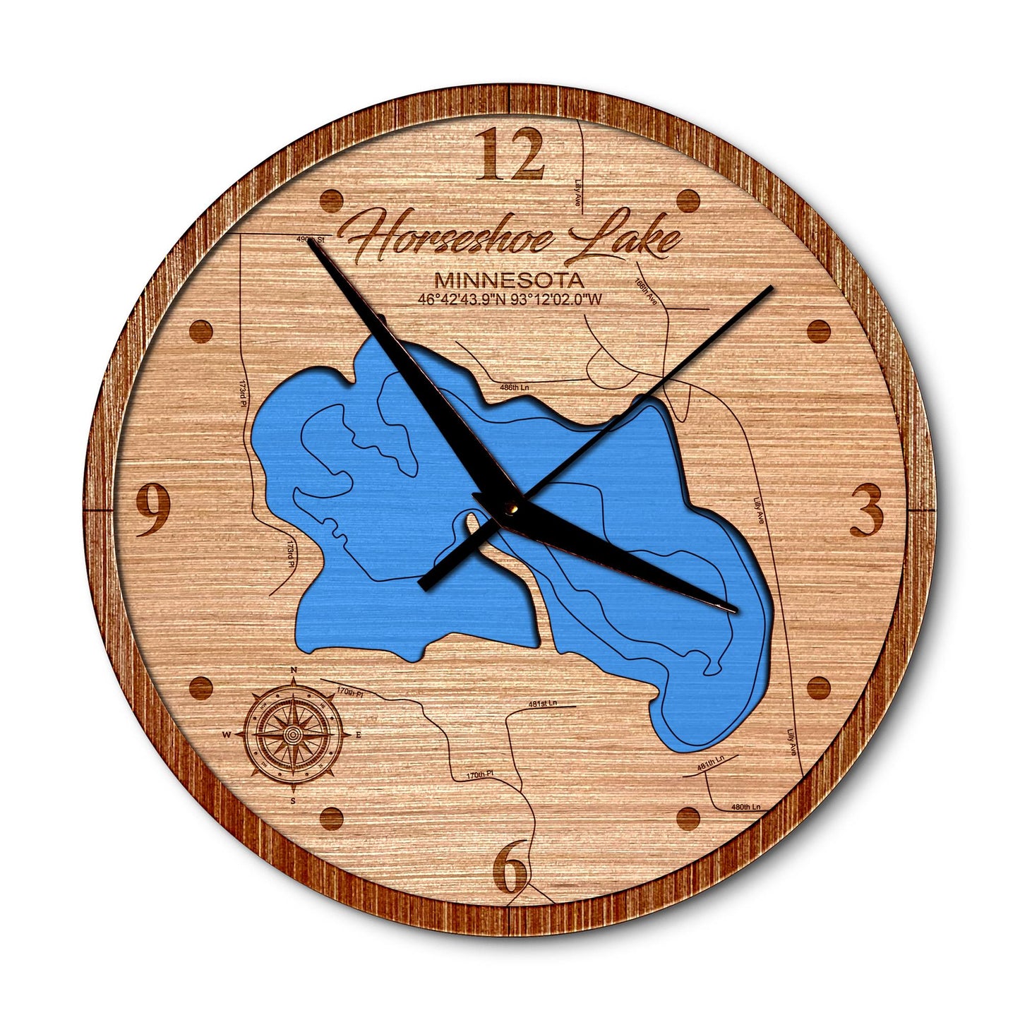 Horseshoe Lake, Minnesota 14in Layered Map Clock - Any Lake, Pond, or Reservoir - Unique Home Decor