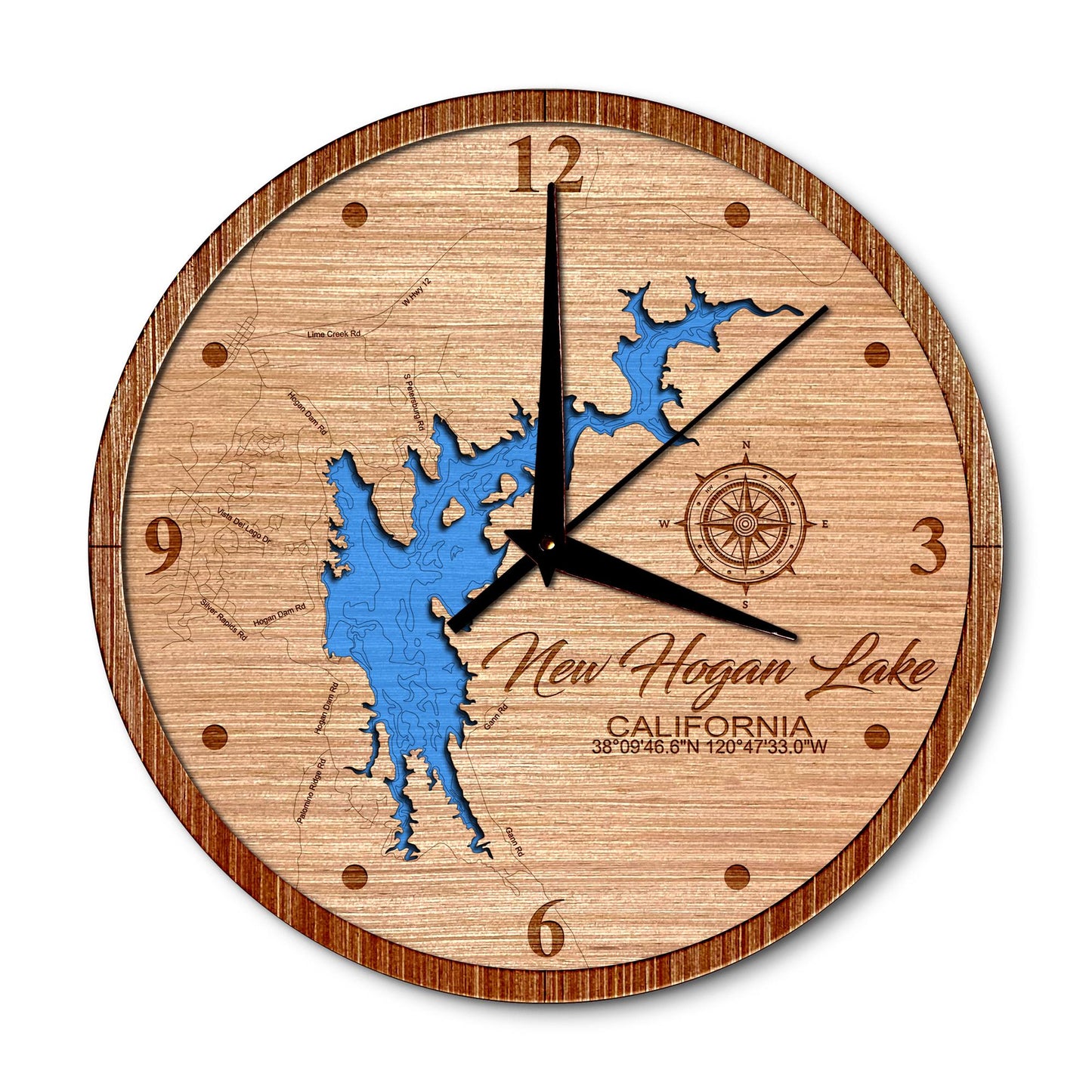 New Hogan Lake, California 14in Layered Map Clock - Any Lake, Pond, or Reservoir - Unique Home Decor