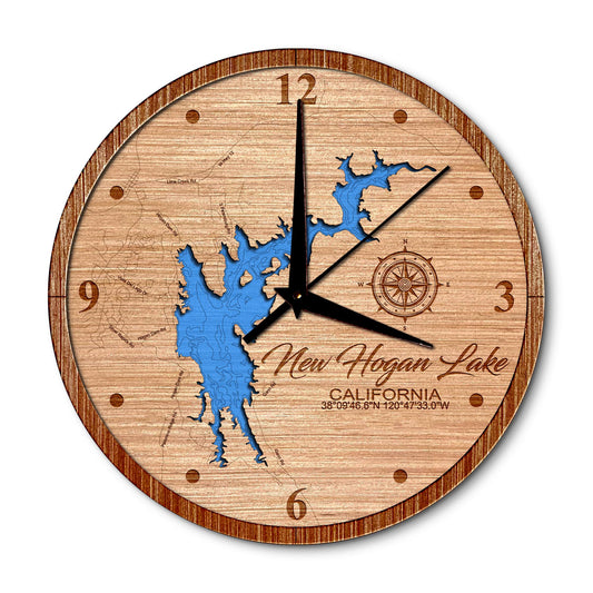 New Hogan Lake, California 14in Layered Map Clock - Any Lake, Pond, or Reservoir - Unique Home Decor