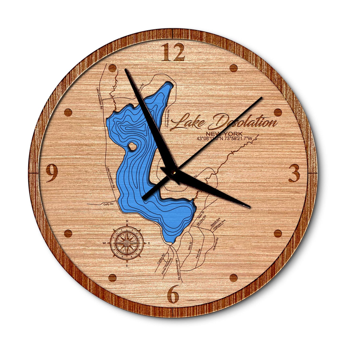 Lake Desolation, New York 14in Layered Map Clock - Any Lake, Pond, or Reservoir - Unique Home Decor