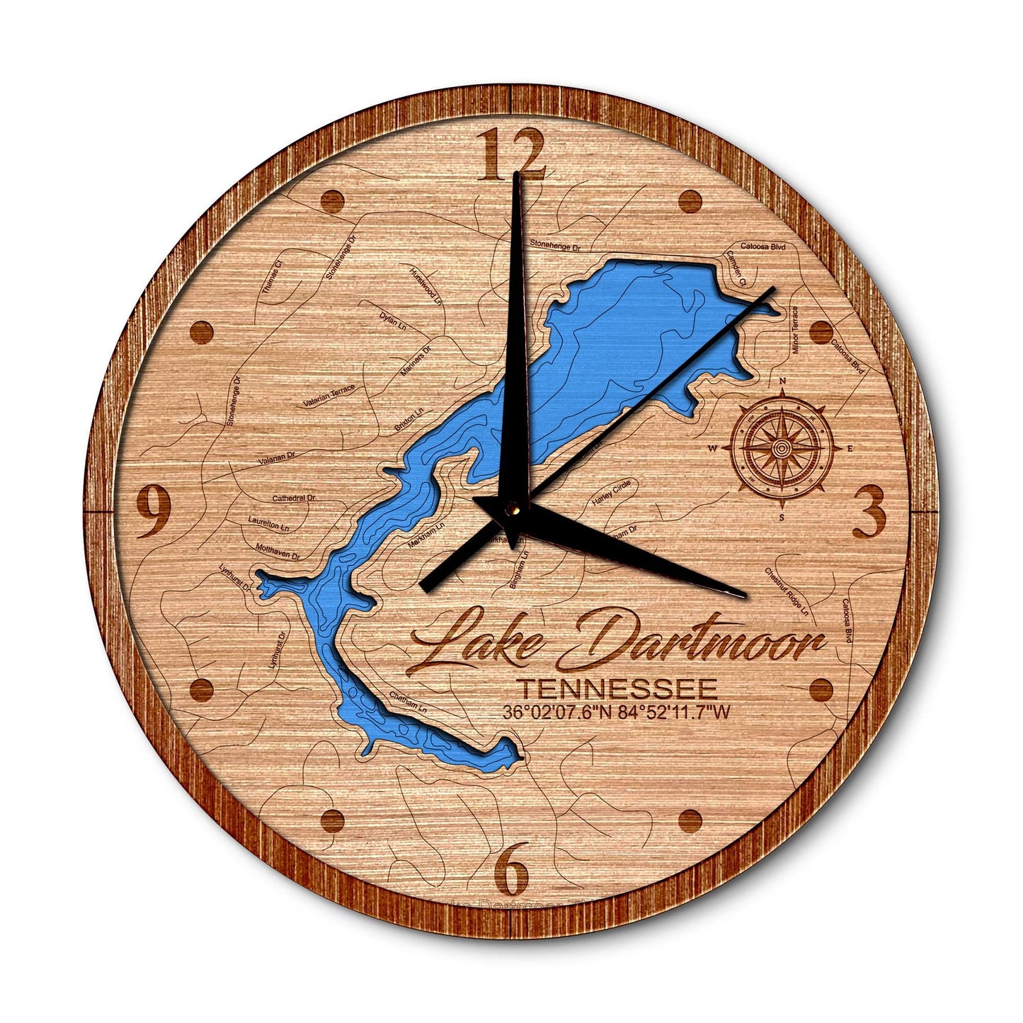 Lake Dartmoor, Tennessee 14in Layered Map Clock - Any Lake, Pond, or Reservoir - Unique Home Decor